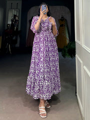 Stunning Purple Digital Print Georgette Casual Wear Dress