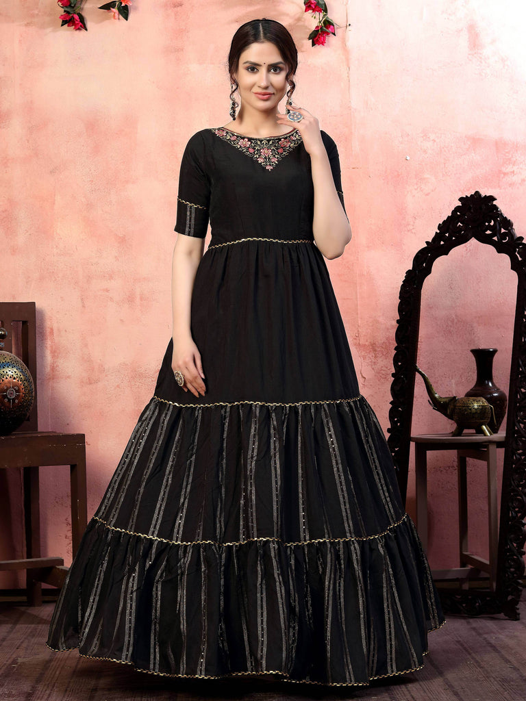 Artistic Black Silk Thread Work Party Wear Layered Gown