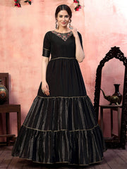 Artistic Black Silk Thread Work Party Wear Layered Gown