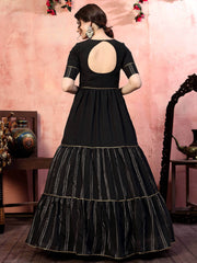 Artistic Black Silk Thread Work Party Wear Layered Gown