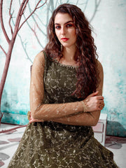 Timeless Olive Green Net Foil Work Wedding Wear Gown