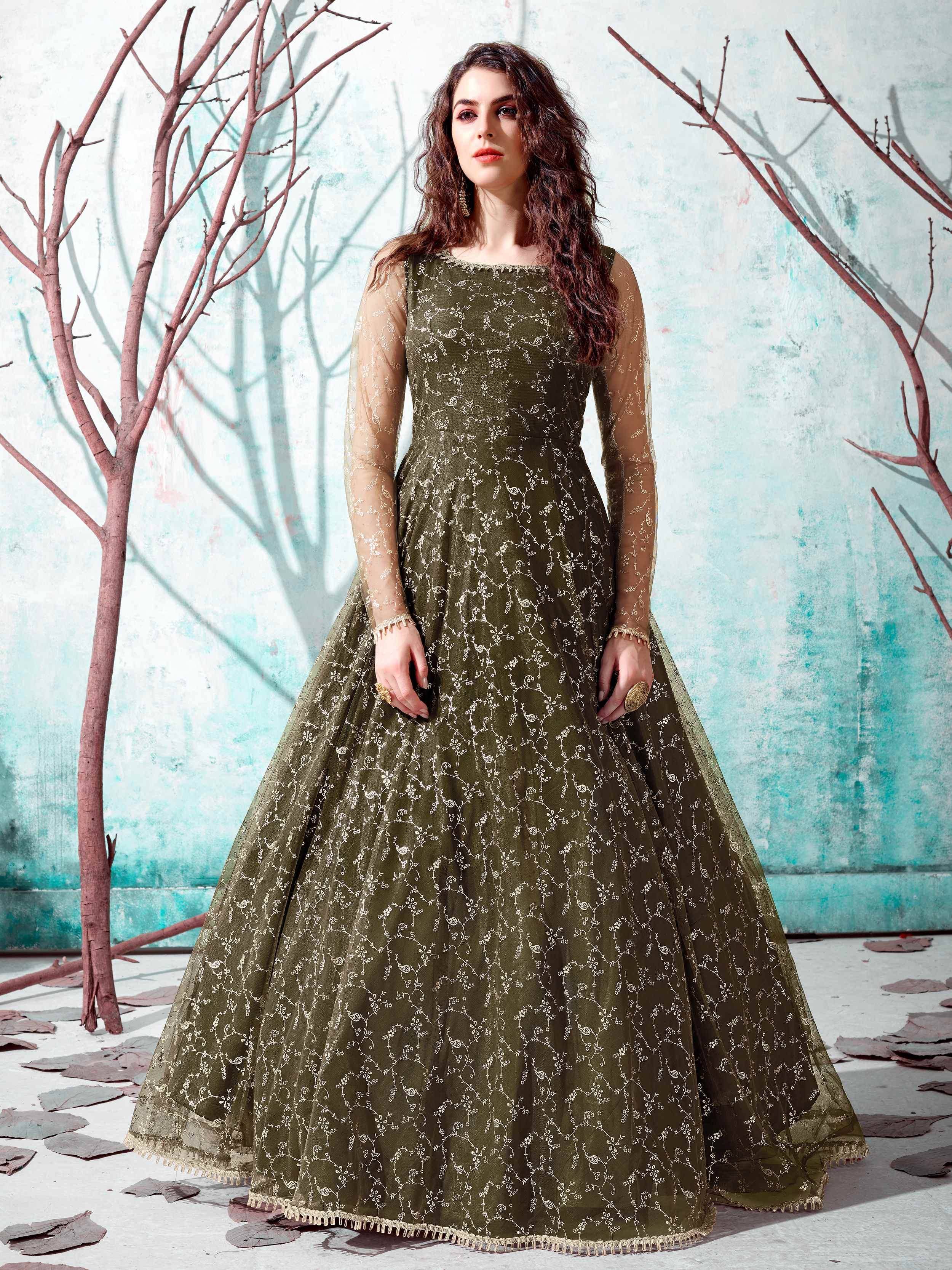 Olive green embroidered ethnic gown with sheer sleeves, perfect for Indian festive occasions.