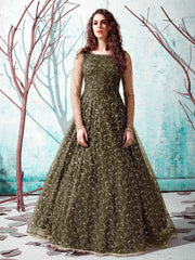 Timeless Olive Green Net Foil Work Wedding Wear Gown