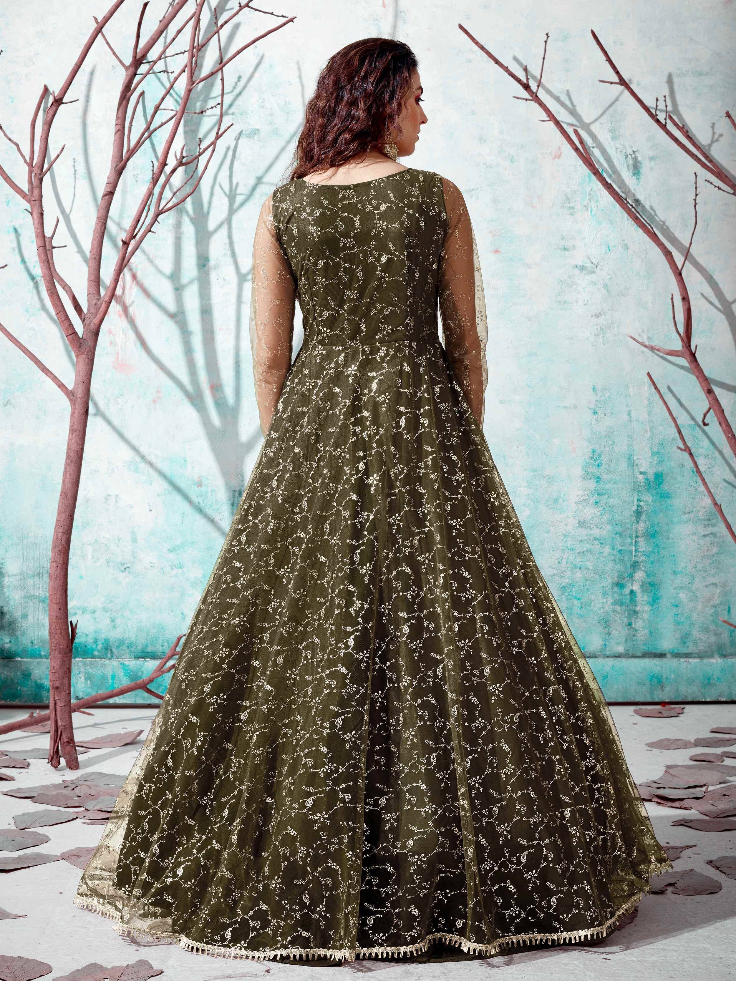 Olive green embroidered anarkali gown with sheer sleeves, perfect for Indian ethnic wear occasions.