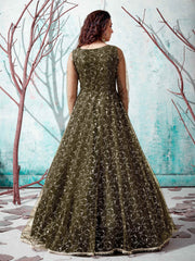 Timeless Olive Green Net Foil Work Wedding Wear Gown