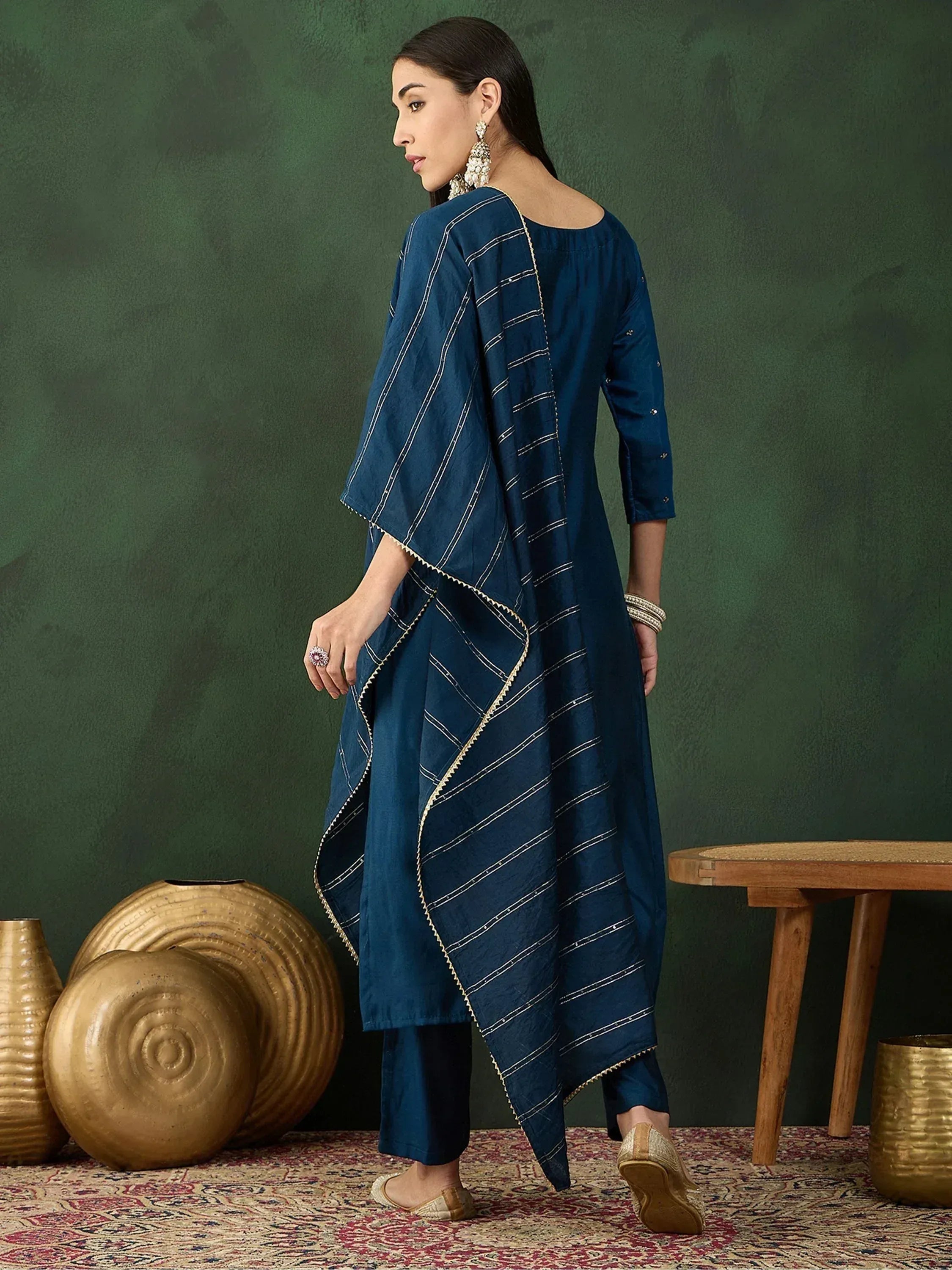 Navy blue ethnic kurta set with striped dupatta, perfect for Indian wear occasions