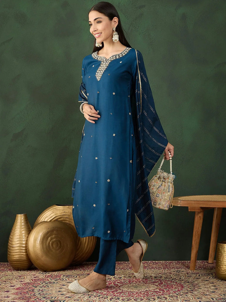 Stunning Teal Blue Floral Hand Work Muslin Festival Wear Pant Suit