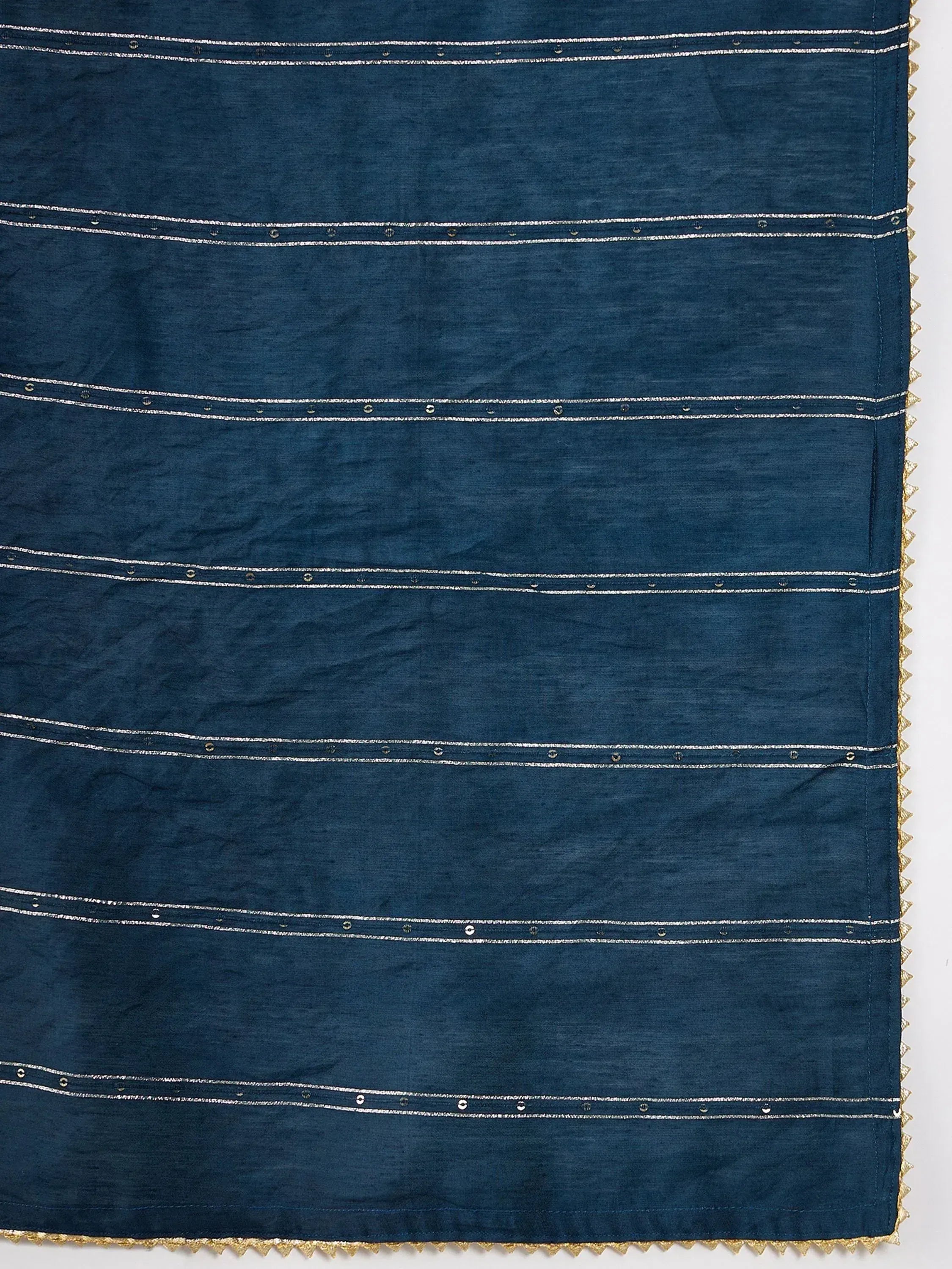 Navy blue ethnic fabric with gold sequin stripes and scalloped border for designer lehenga or saree