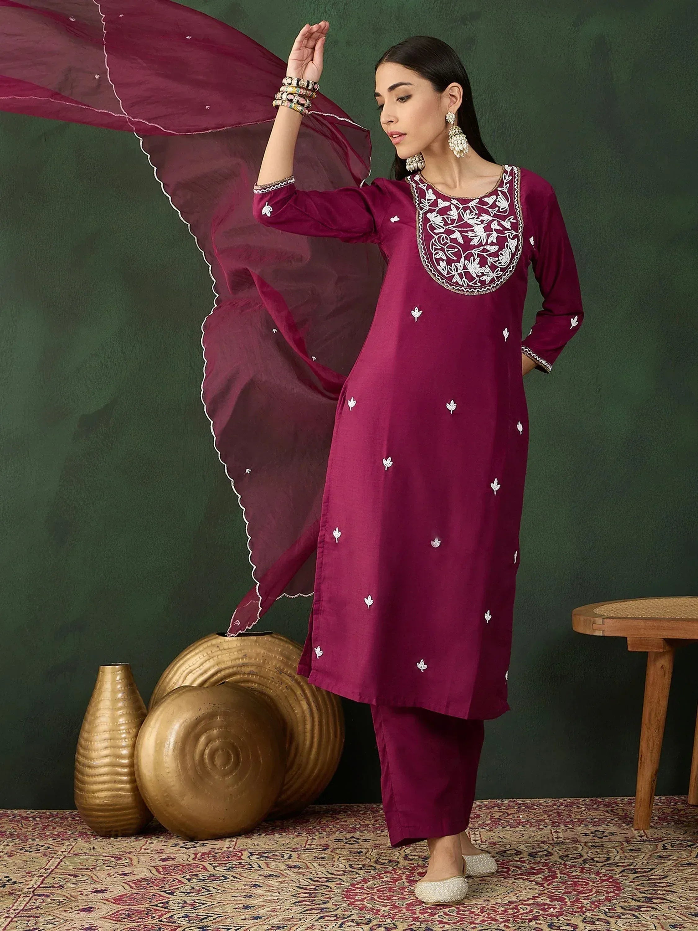 Maroon embroidered kurta with matching pants and dupatta, Indian ethnic wear for women
