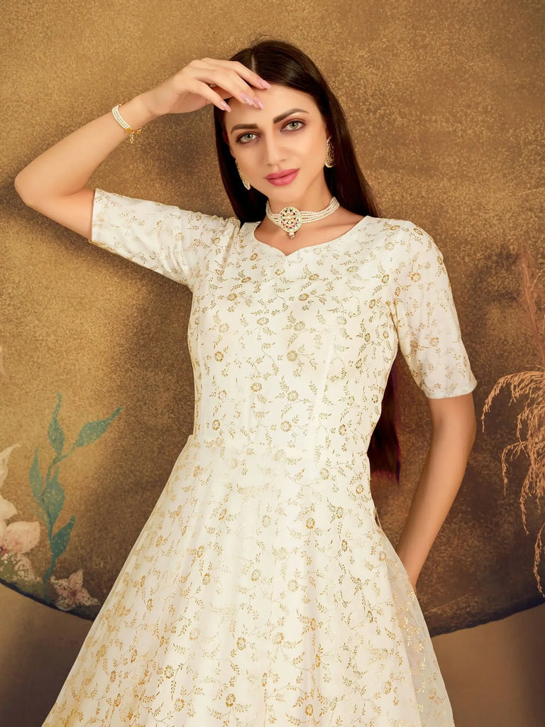 White Metallic Foil Work Net Party Wear Gown