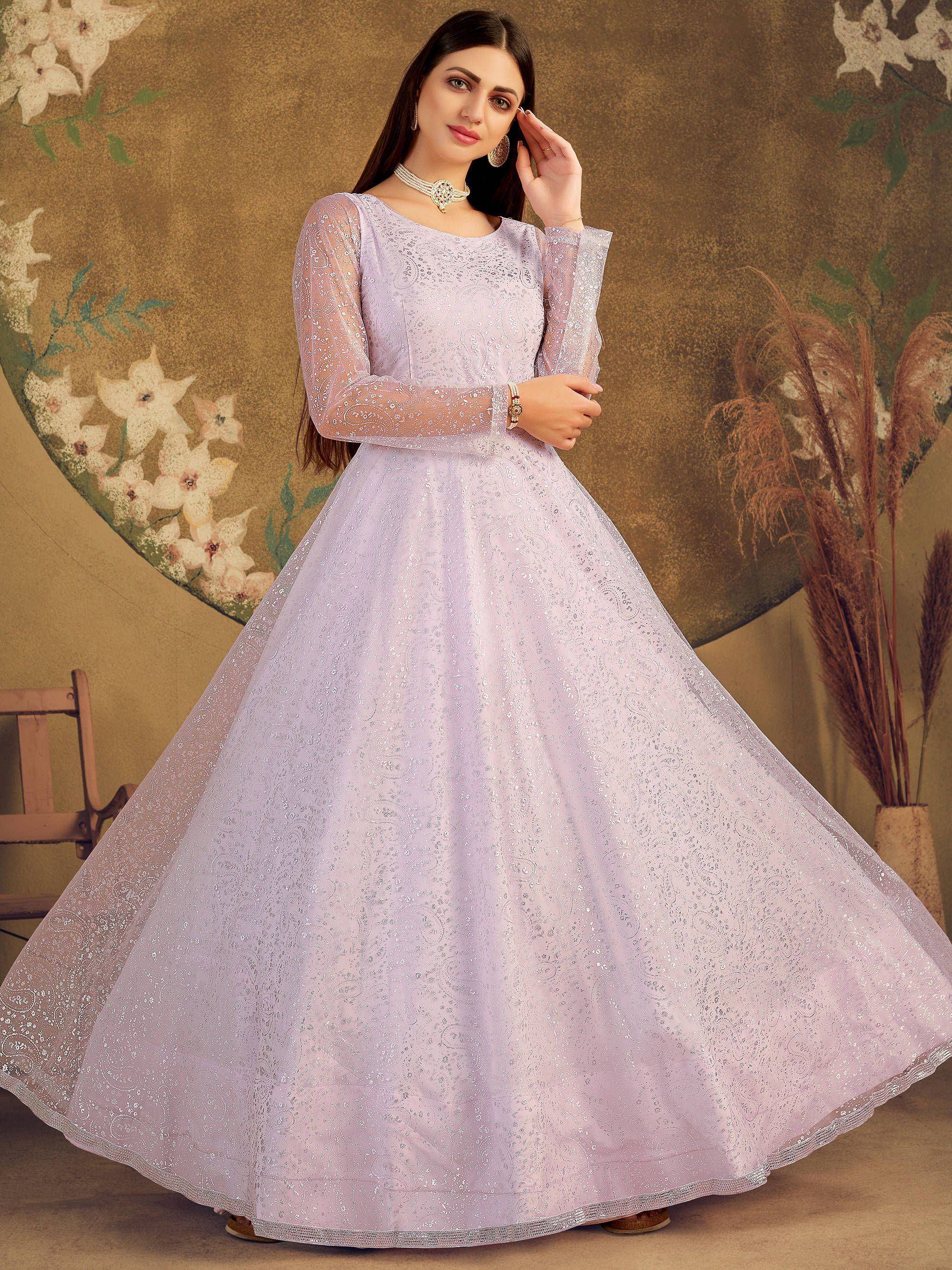 Lavender ethnic gown with sequin embroidery, long sleeves, and flared skirt for Indian occasions