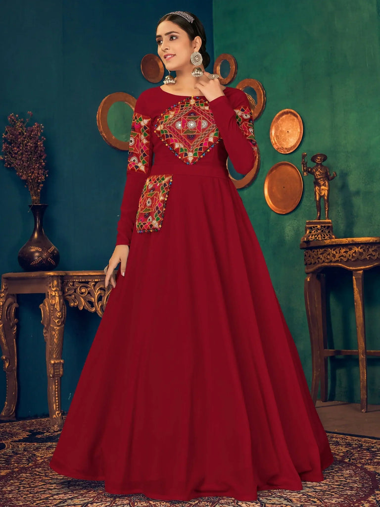 Red Gamthi Work Georgette Festive Wear Gown