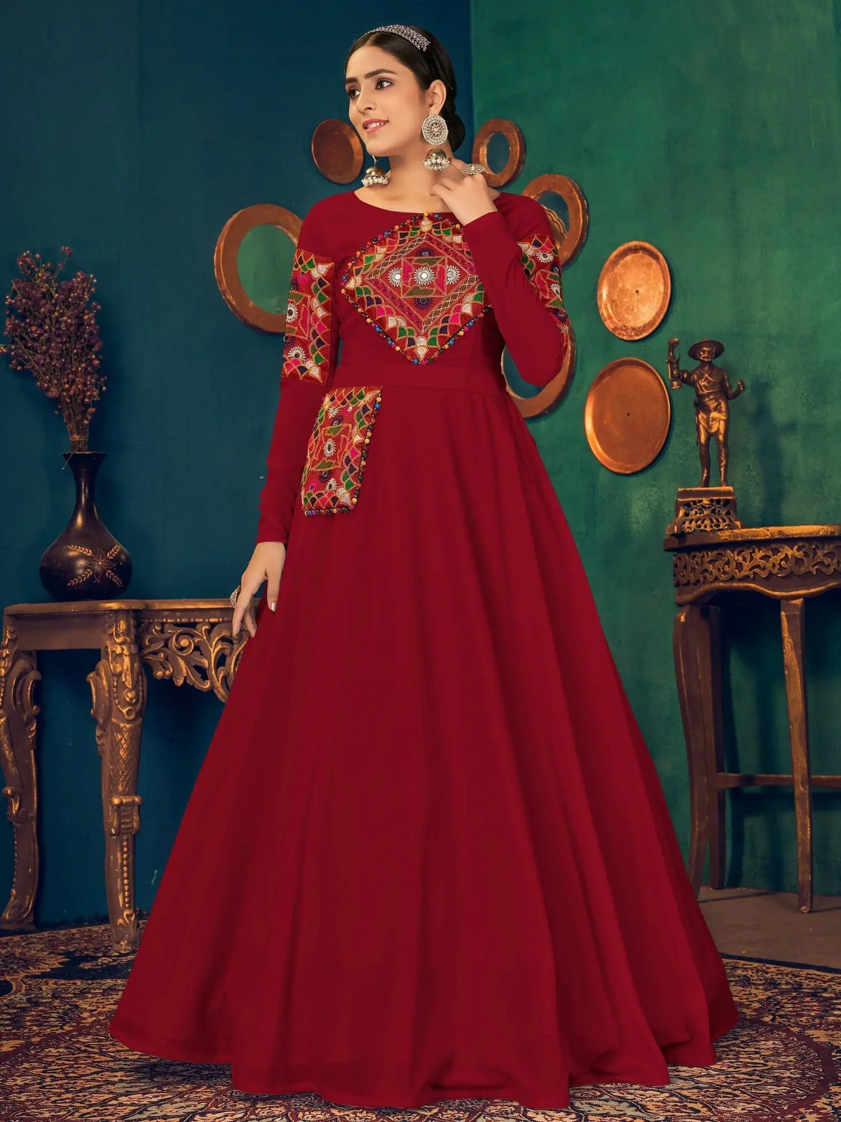 Red Gamthi Work Georgette Festive Wear Gown