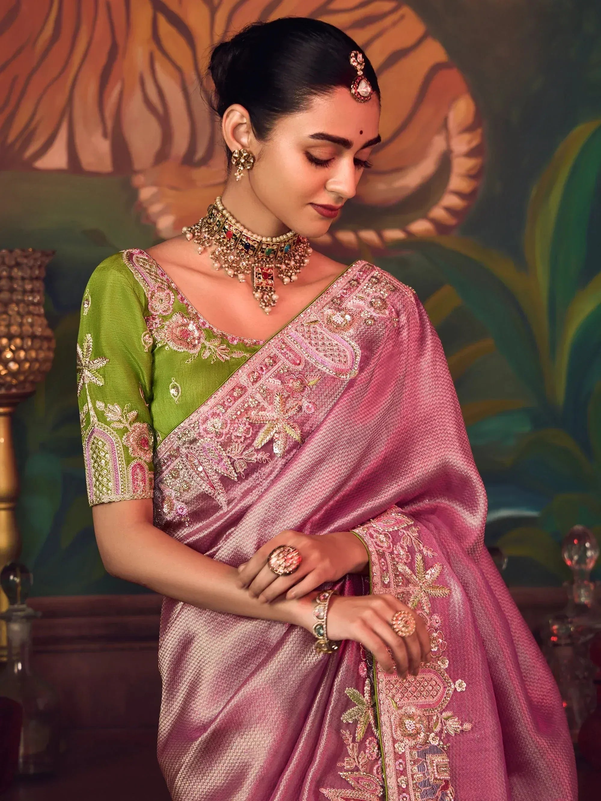 Awesome Pink Diamond Work Silk Festive Wear Saree With Blouse