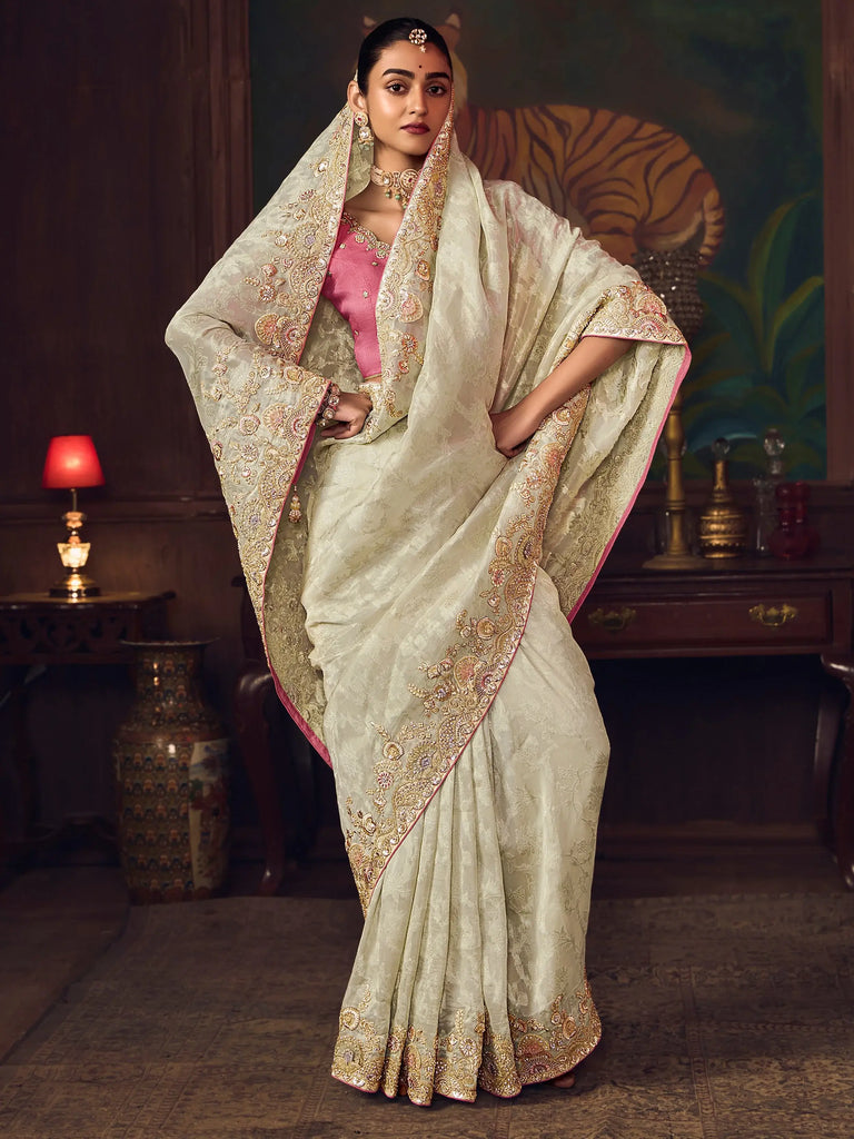 Pretty Off-White Diamond Work Silk Wedding Wear Saree With Blouse