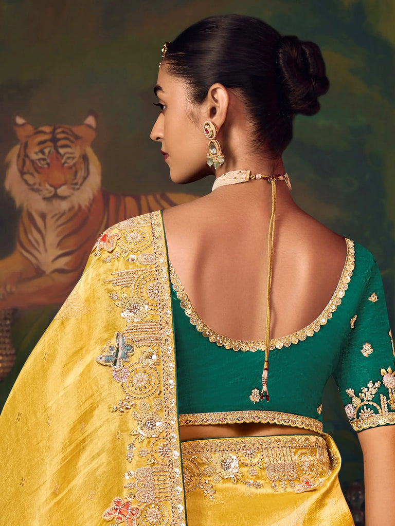 Fantastic Yellow Sequins Embroidered Silk Haldi Wear Saree With Blouse