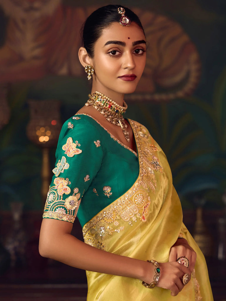 Fantastic Yellow Sequins Embroidered Silk Haldi Wear Saree With Blouse