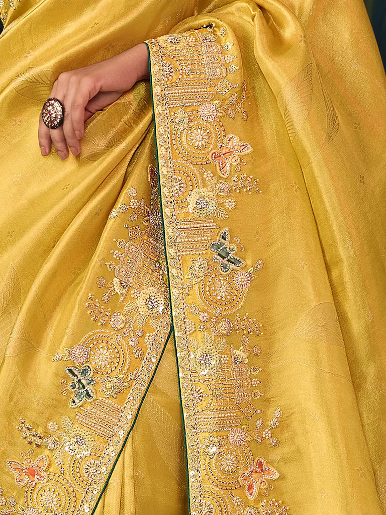 Fantastic Yellow Sequins Embroidered Silk Haldi Wear Saree With Blouse