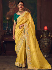 Fantastic Yellow Sequins Embroidered Silk Haldi Wear Saree With Blouse