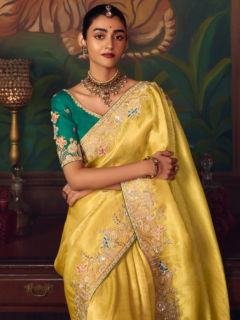 Fantastic Yellow Sequins Embroidered Silk Haldi Wear Saree With Blouse