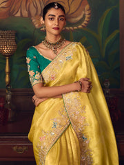 Fantastic Yellow Sequins Embroidered Silk Haldi Wear Saree With Blouse