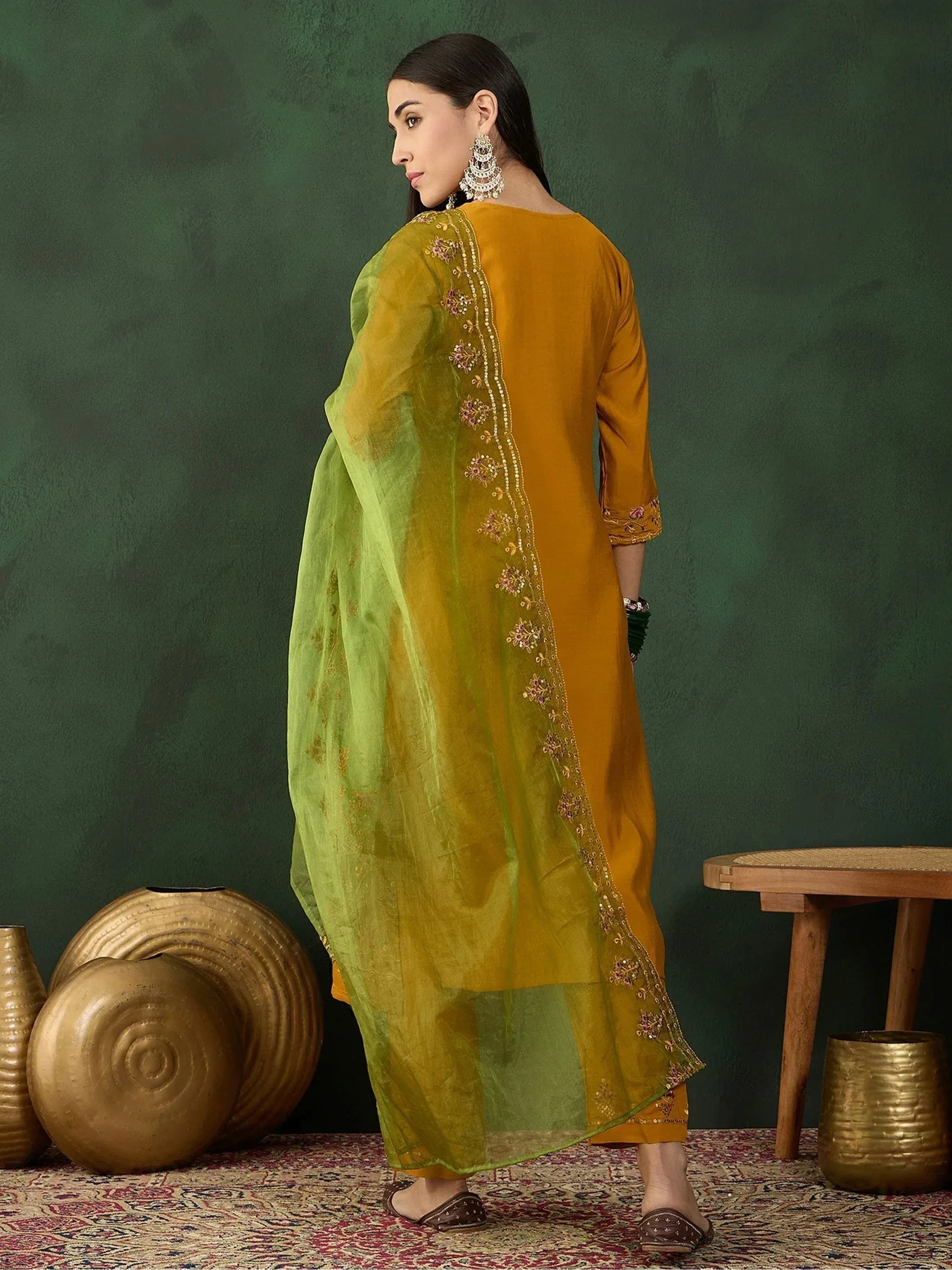 Mustard yellow embroidered kurta with green dupatta, ethnic Indian wear for women