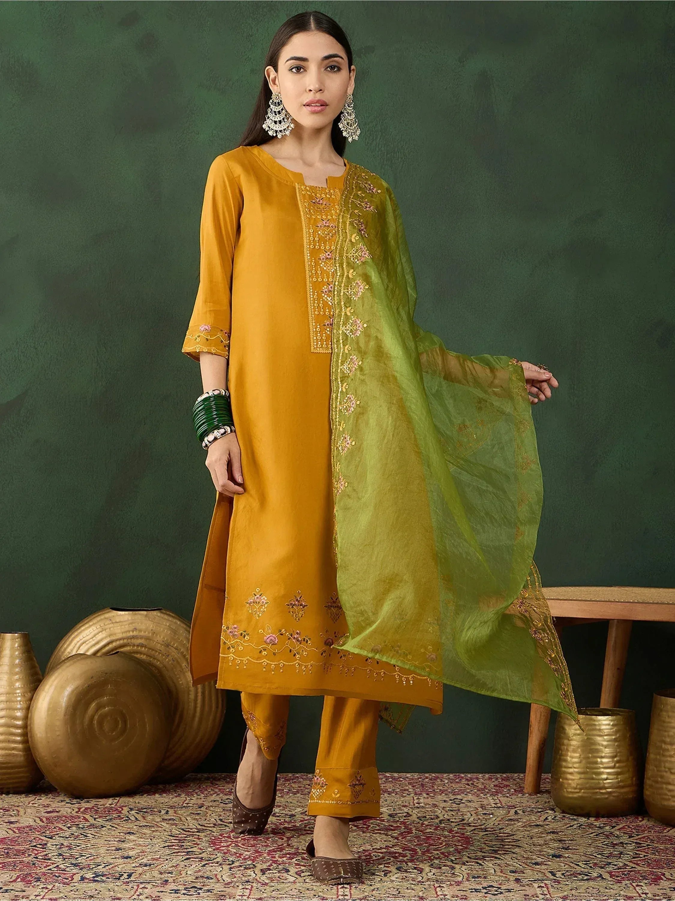 Mustard yellow embroidered salwar kameez with green dupatta, Indian ethnic wear for women