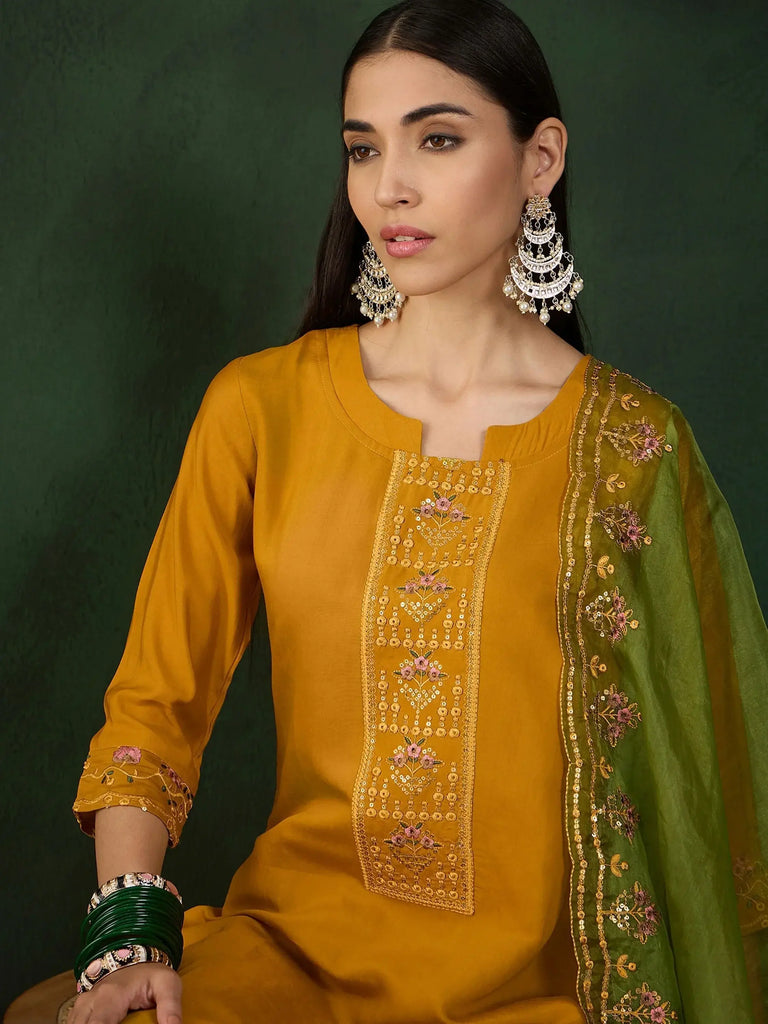 Beautiful Mustard Color Embroidered Chinon Festival Wear Pant Suit