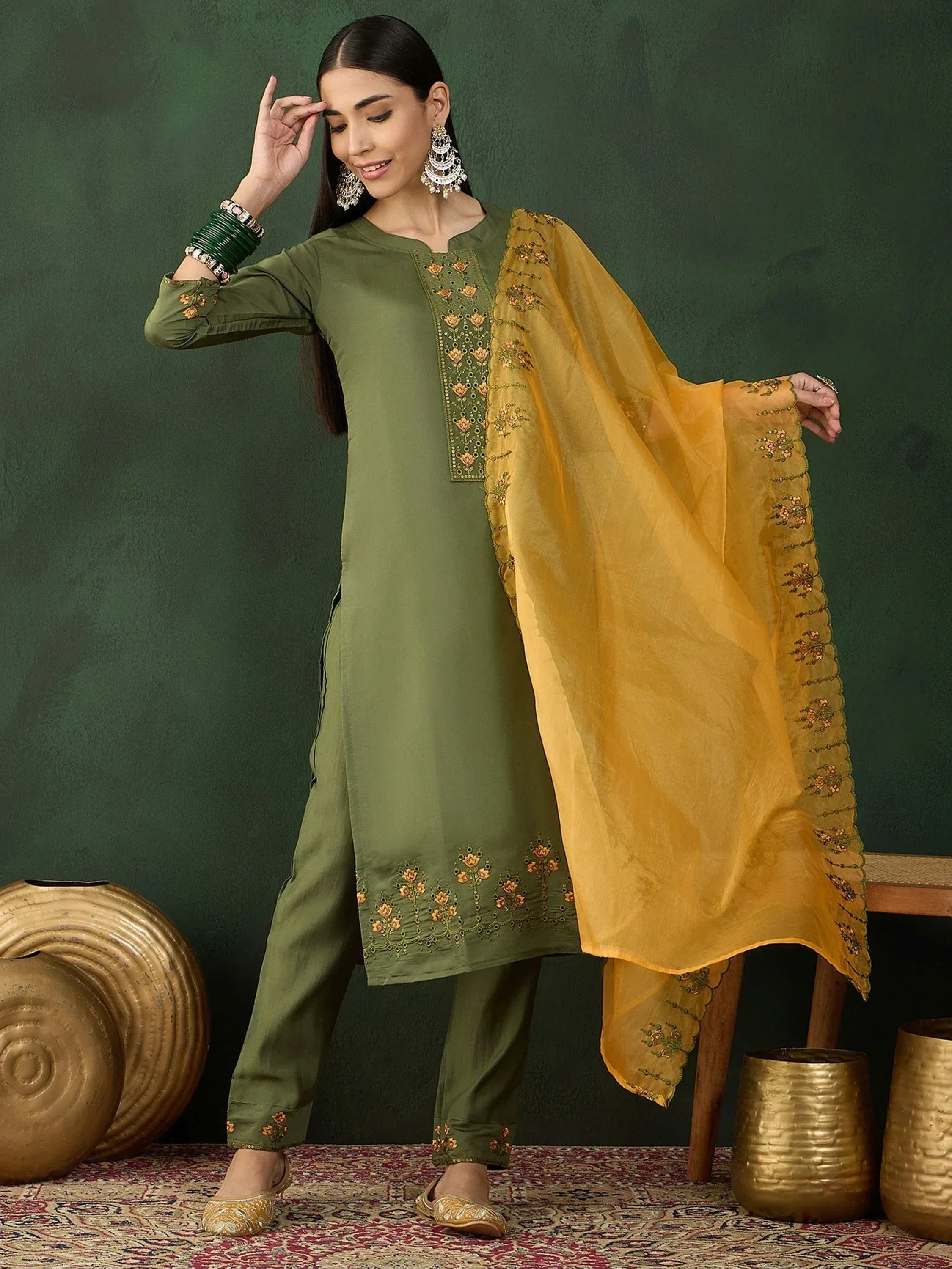 Olive green embroidered salwar kameez with mustard dupatta, Indian ethnic wear for women