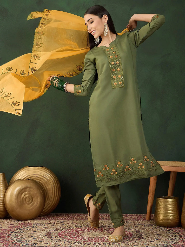 Attractive Green Embroidered Chinon Function Wear Pant Suit