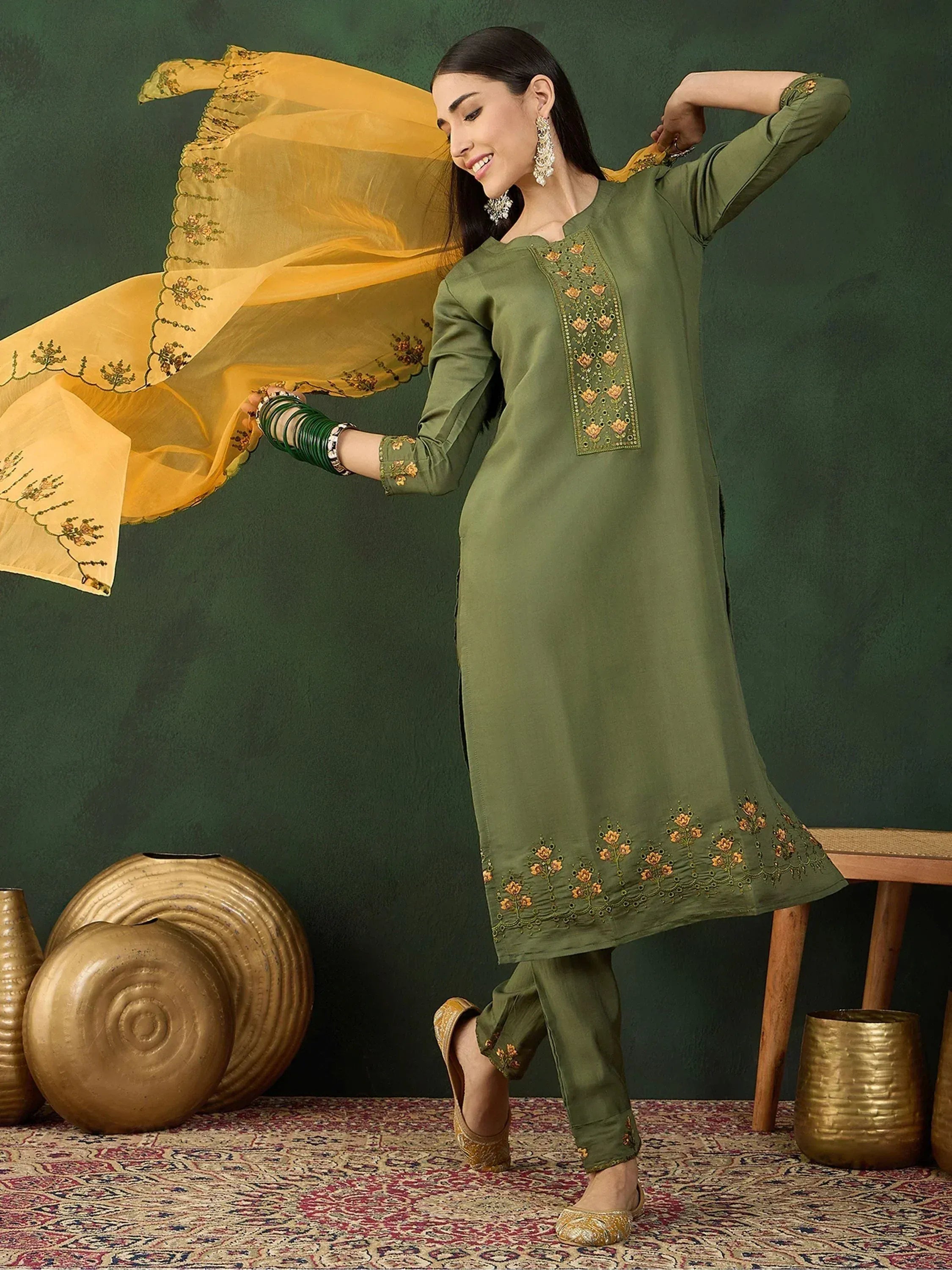 Olive green embroidered salwar kameez with yellow dupatta, ethnic Indian wear for women