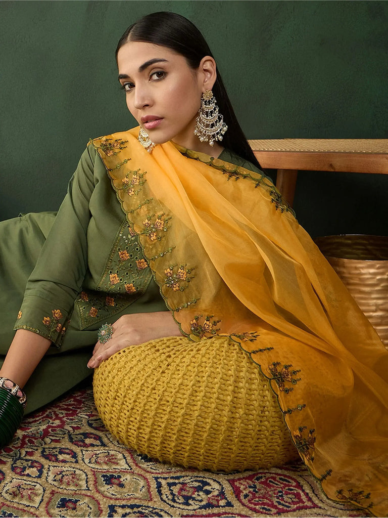 Attractive Green Embroidered Chinon Function Wear Pant Suit
