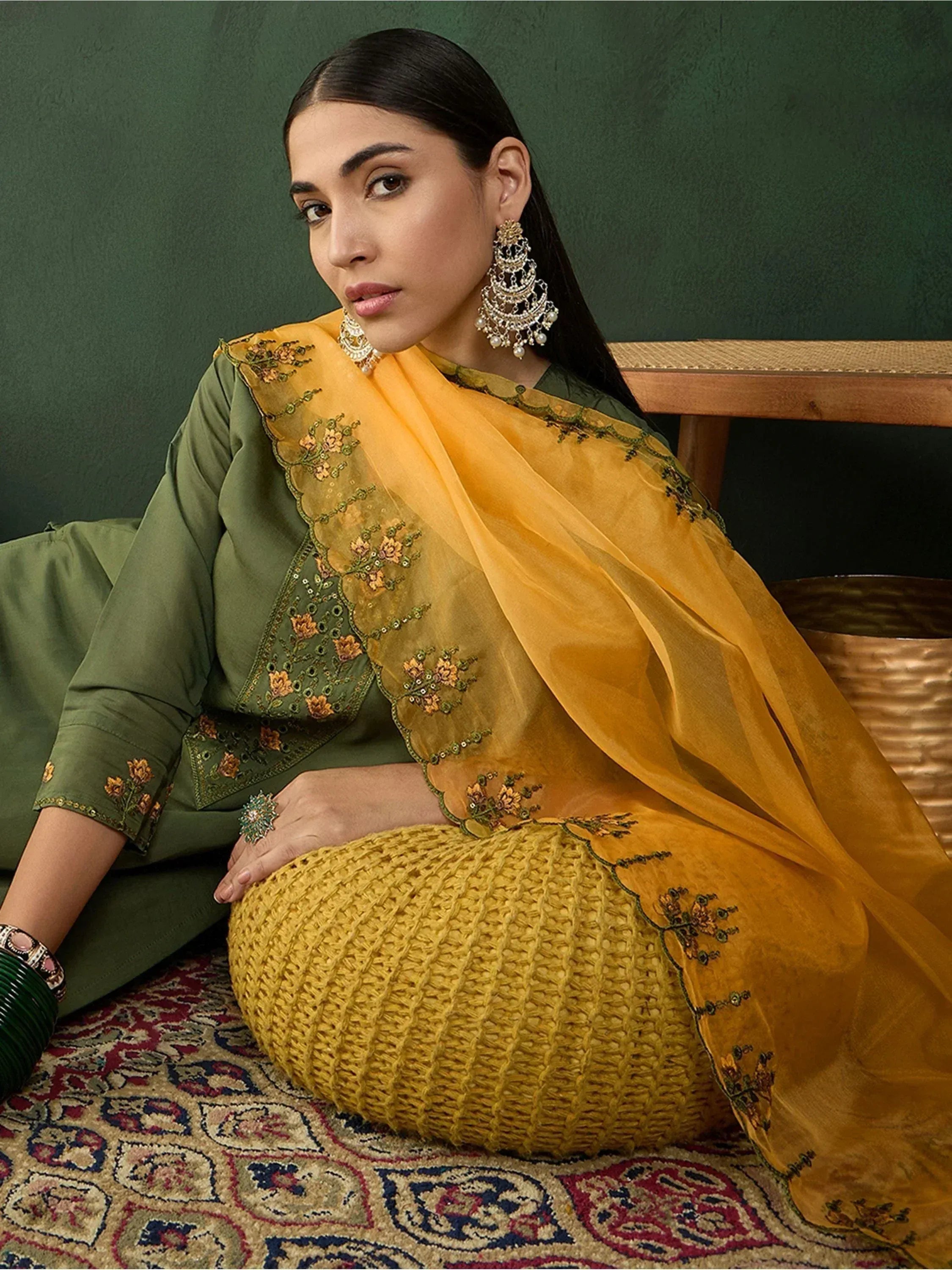 Olive green embroidered kurta with mustard yellow sharara and dupatta, Indian ethnic wear