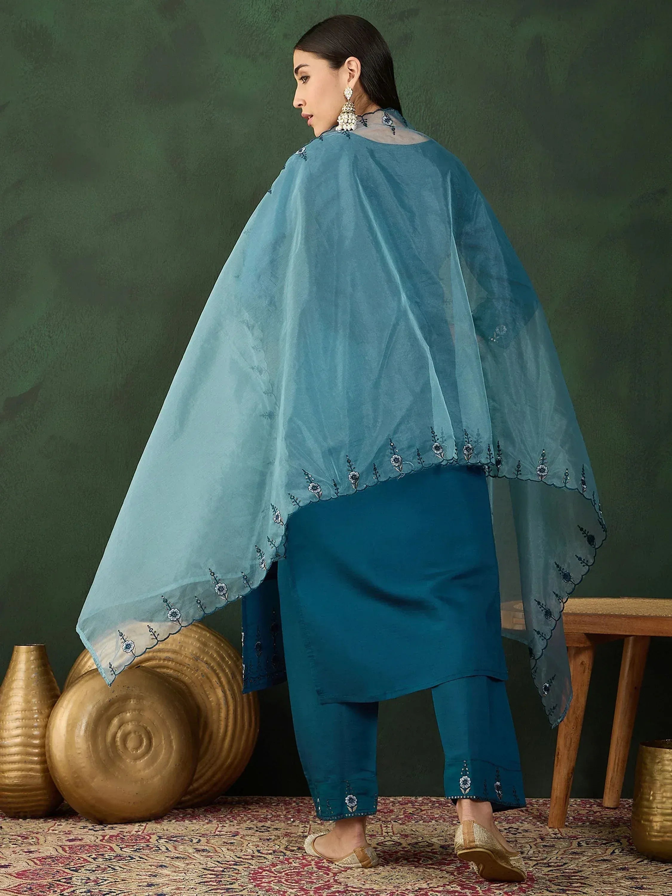 Teal embroidered salwar kameez with sheer cape, ethnic Indian wear for women