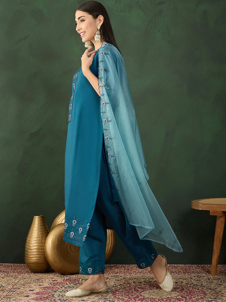 Adorable Teal Blue Embroidered Chinon Occasion Wear Pant Suit