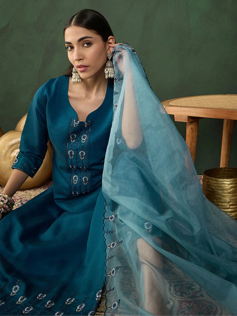 Adorable Teal Blue Embroidered Chinon Occasion Wear Pant Suit