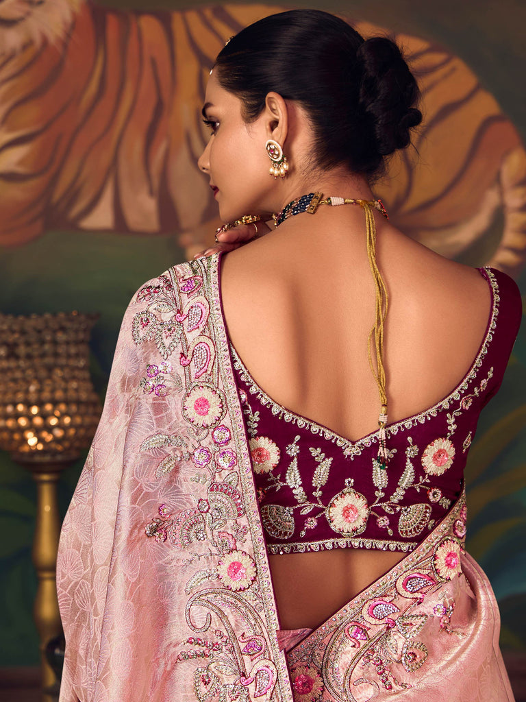 Fabulous Pink Sequins Embroidered Silk Festive Wear Saree With Blouse