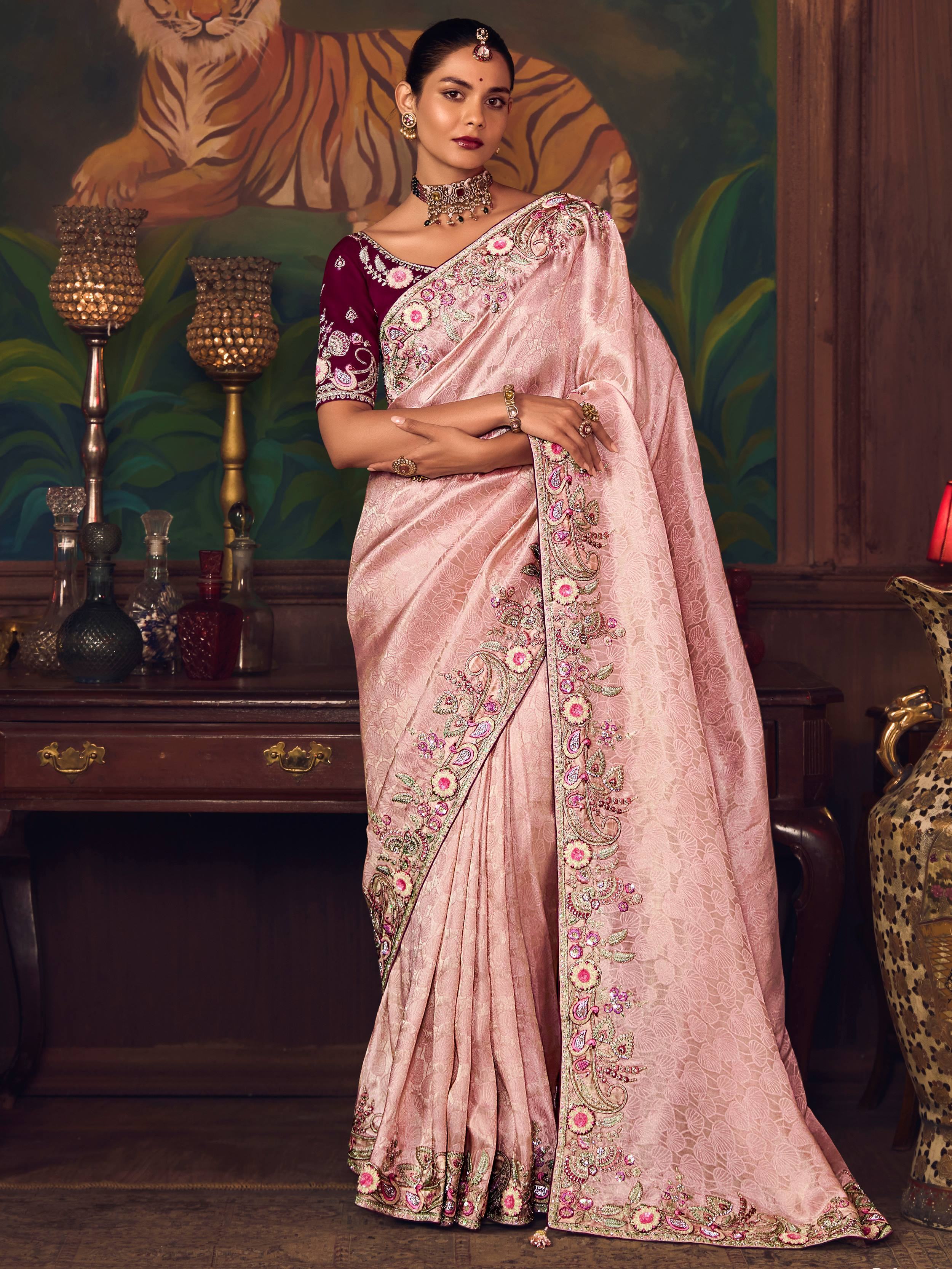 Fabulous Pink Sequins Embroidered Silk Festive Wear Saree With Blouse