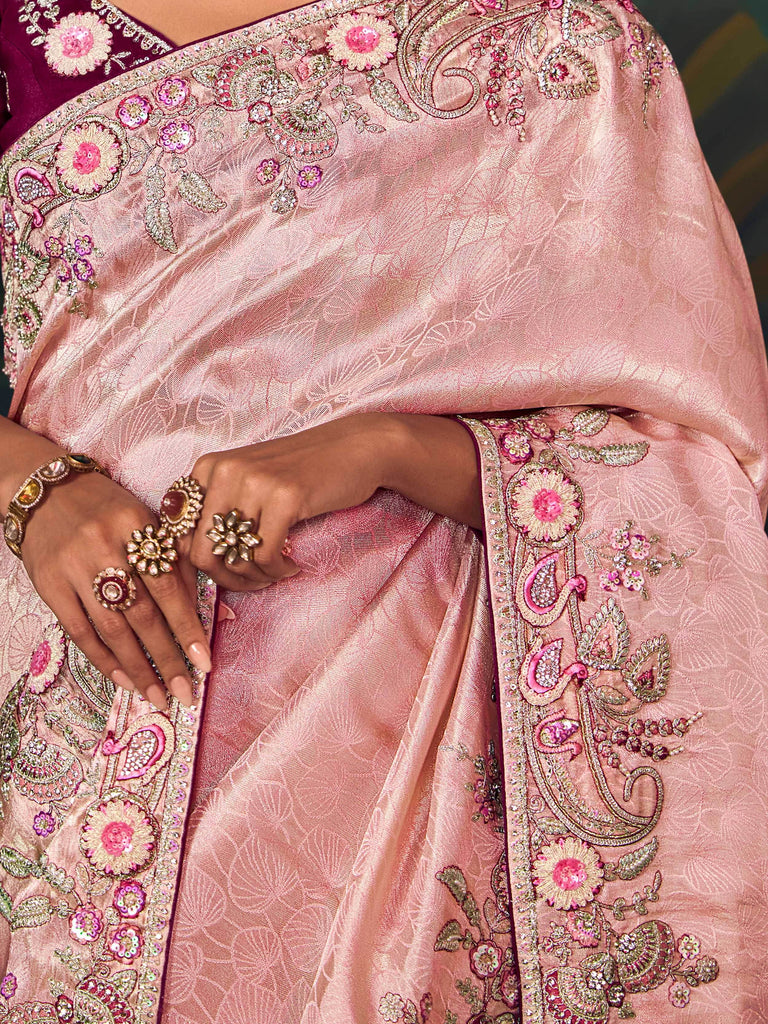 Fabulous Pink Sequins Embroidered Silk Festive Wear Saree With Blouse
