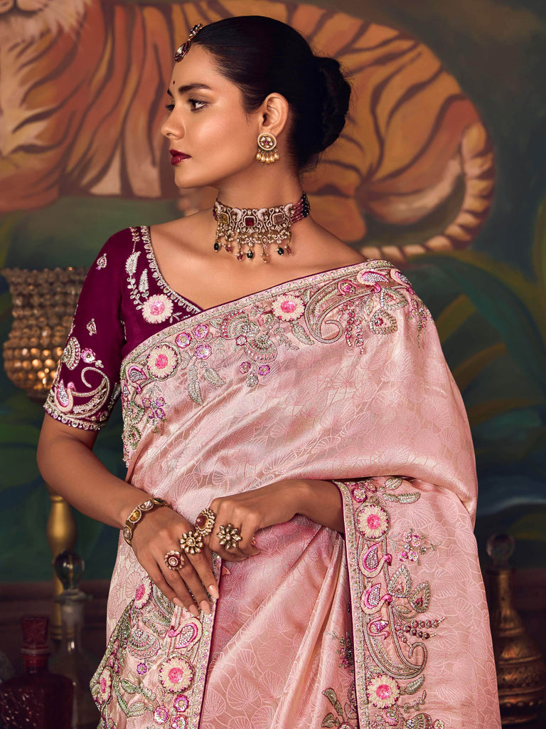 Fabulous Pink Sequins Embroidered Silk Festive Wear Saree With Blouse
