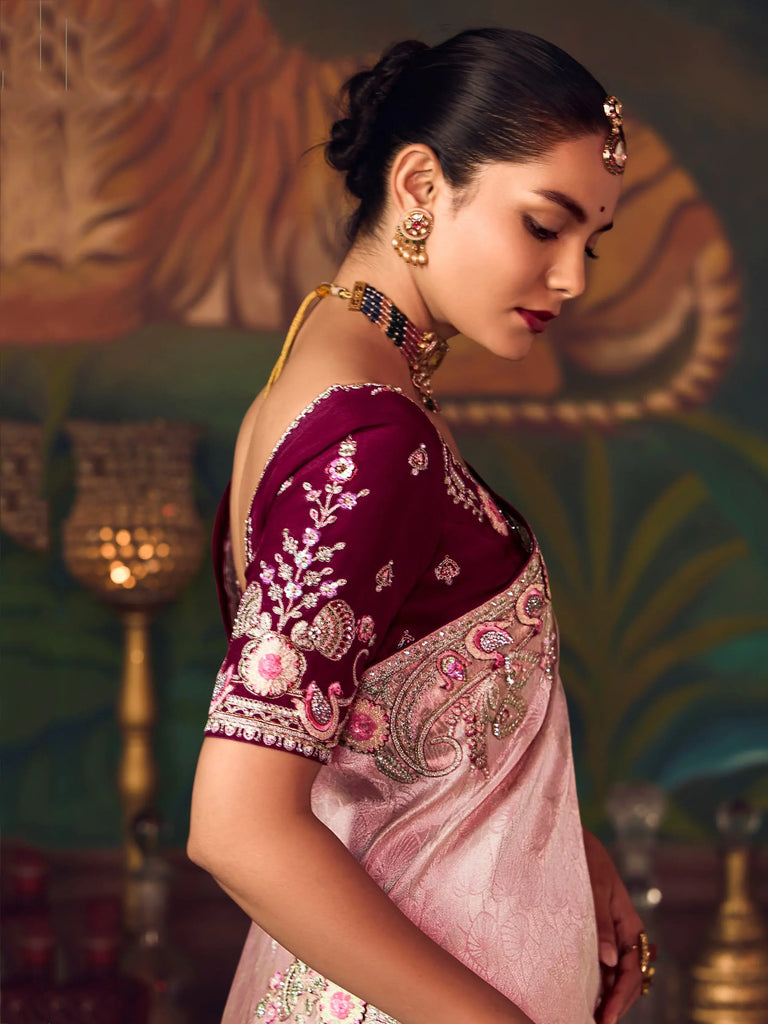 Fabulous Pink Sequins Embroidered Silk Festive Wear Saree With Blouse