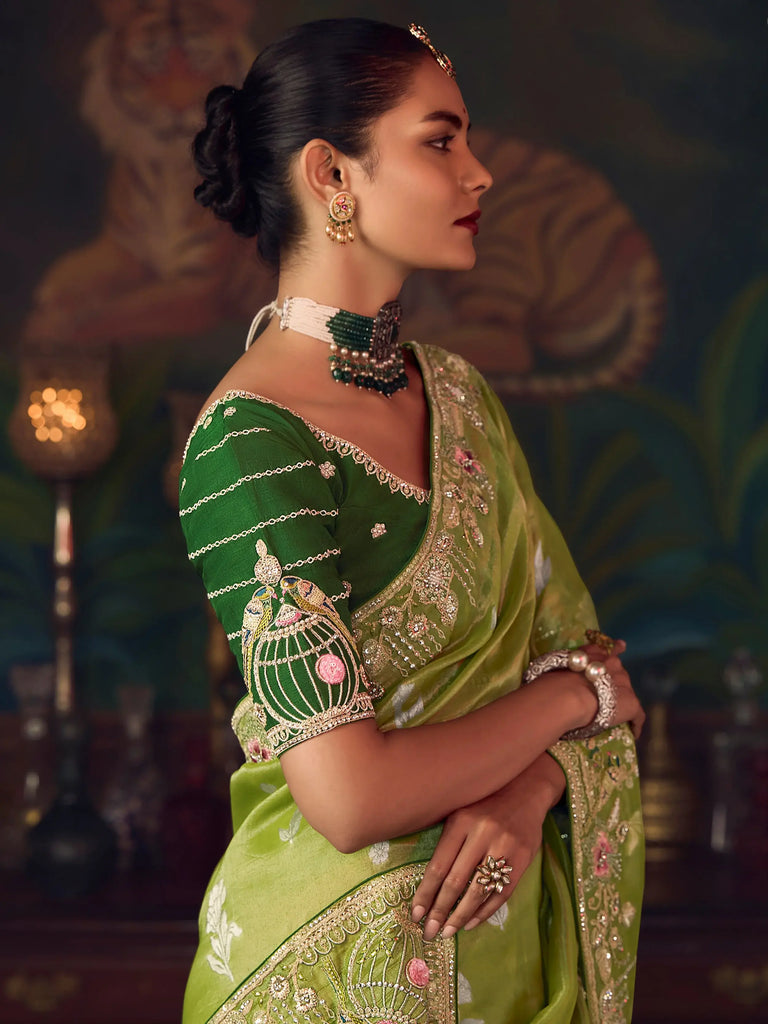 Gorgeous Green Diamond Work Silk Festive Wear Saree With Blouse