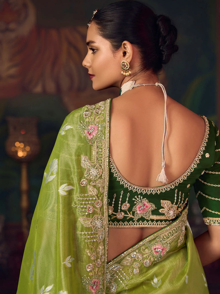 Gorgeous Green Diamond Work Silk Festive Wear Saree With Blouse