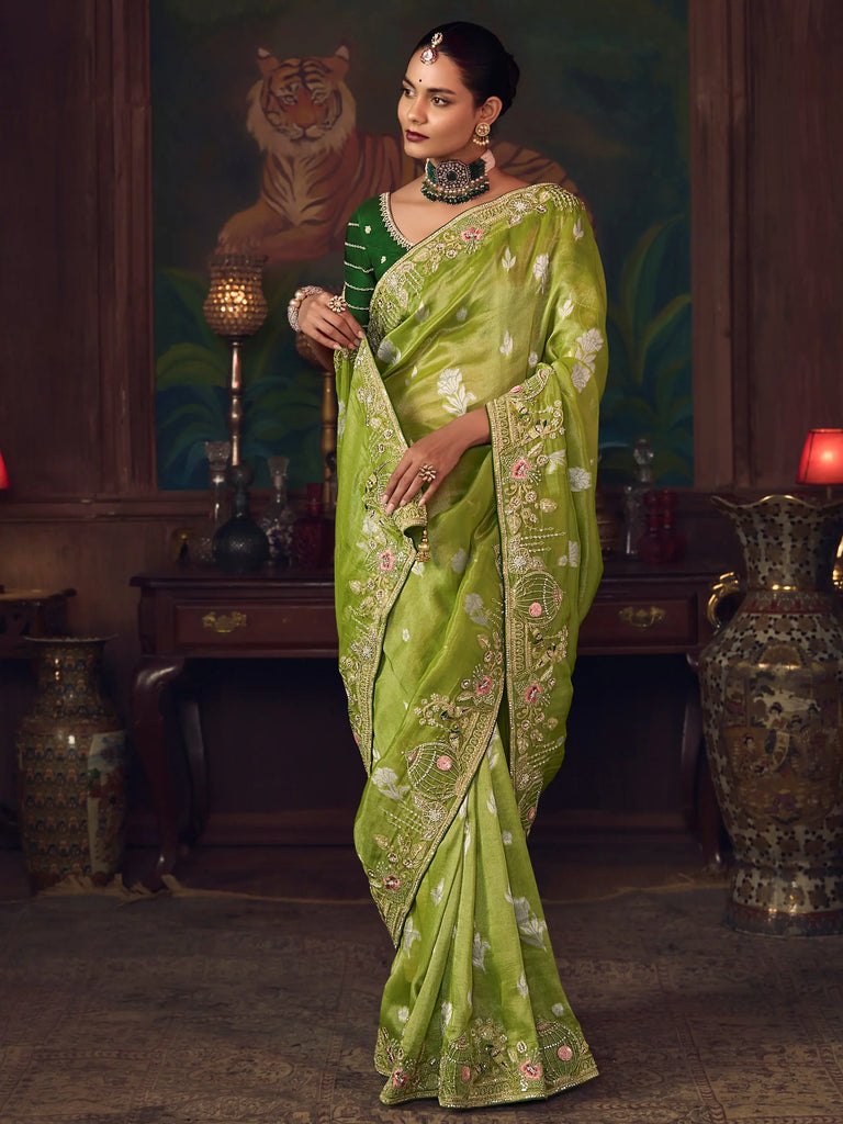 Gorgeous Green Diamond Work Silk Festive Wear Saree With Blouse