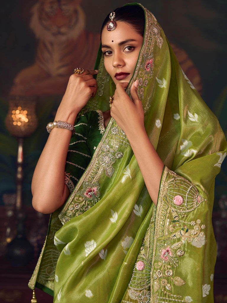 Gorgeous Green Diamond Work Silk Festive Wear Saree With Blouse