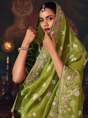 Gorgeous Green Diamond Work Silk Festive Wear Saree With Blouse
