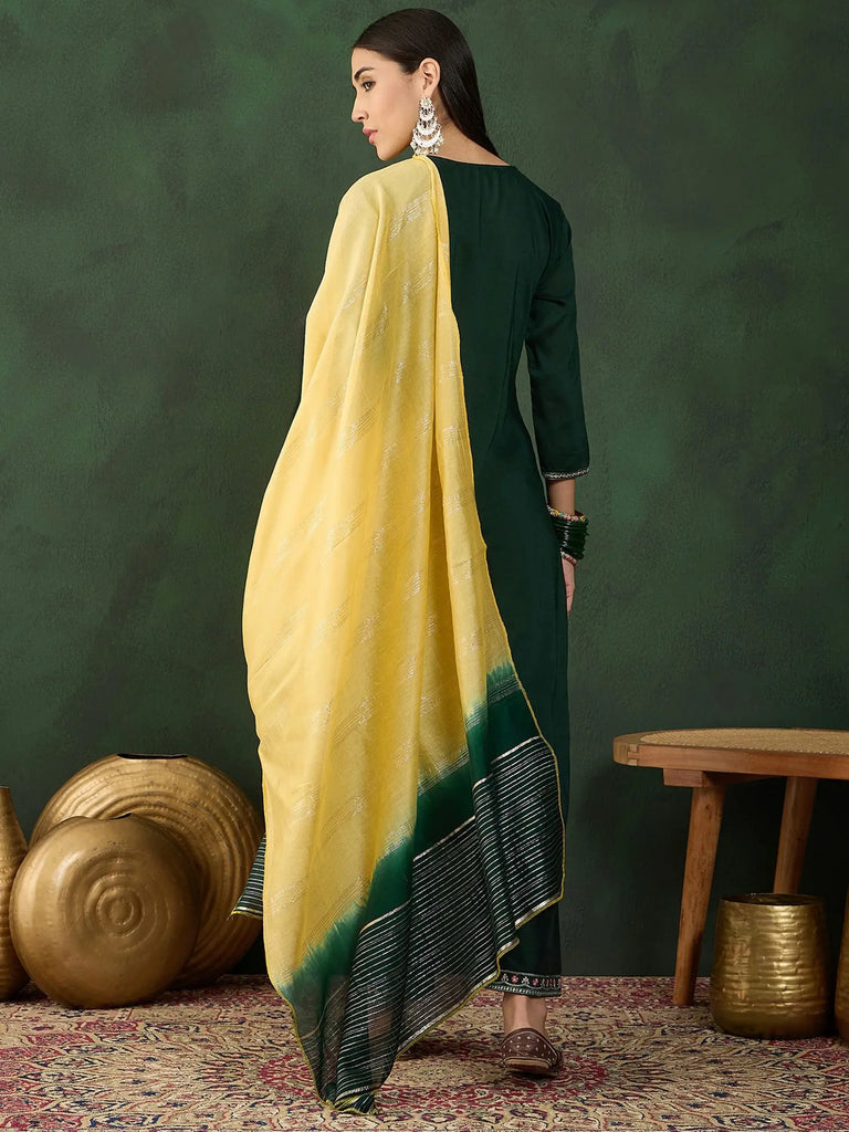 Endearing Green Embroidered Chinon Mehndi Wear Pant Suit