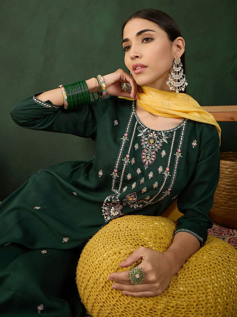 Endearing Green Embroidered Chinon Mehndi Wear Pant Suit