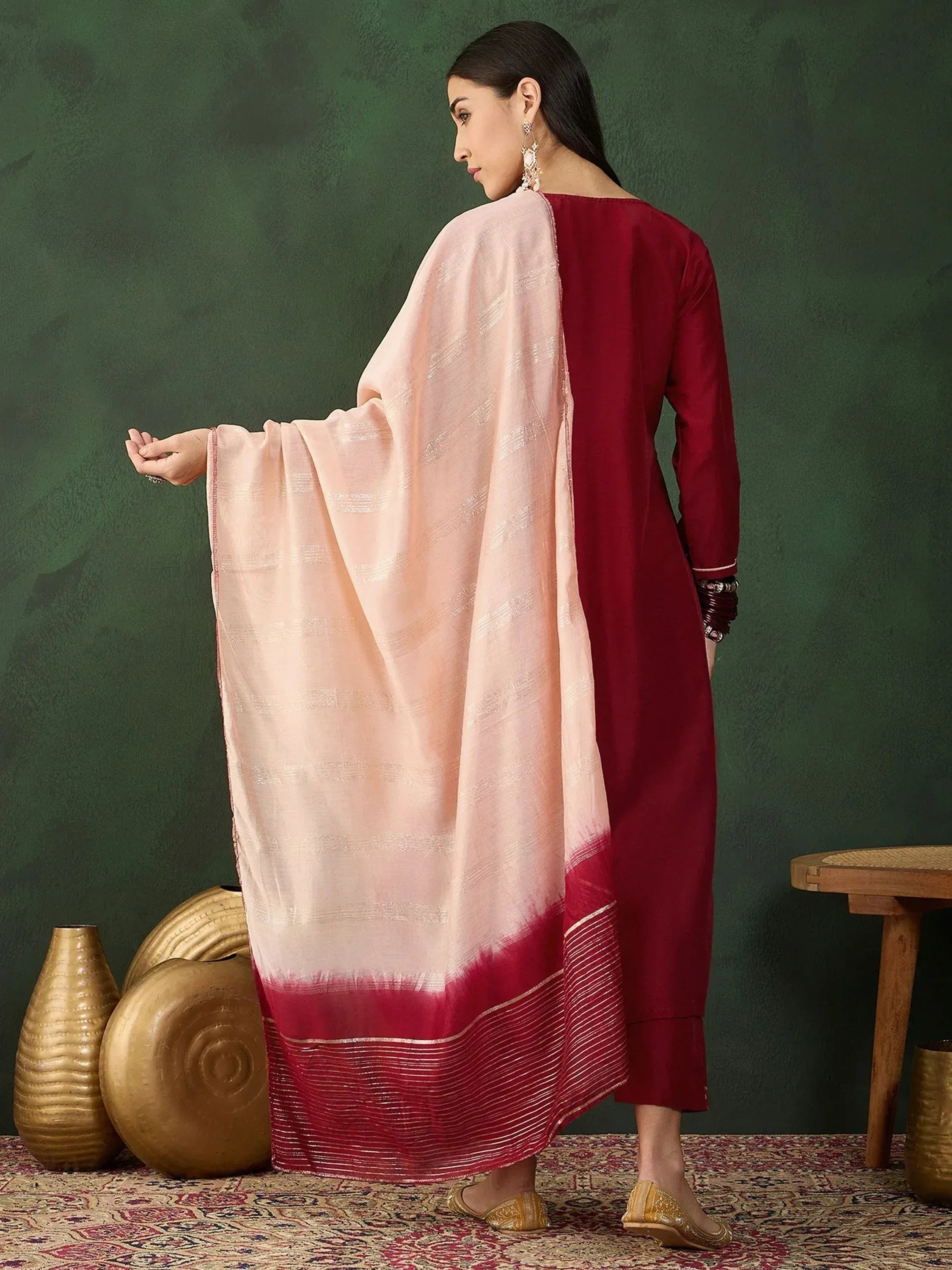 Maroon ethnic kurta with peach dupatta, Indian designer wear for women