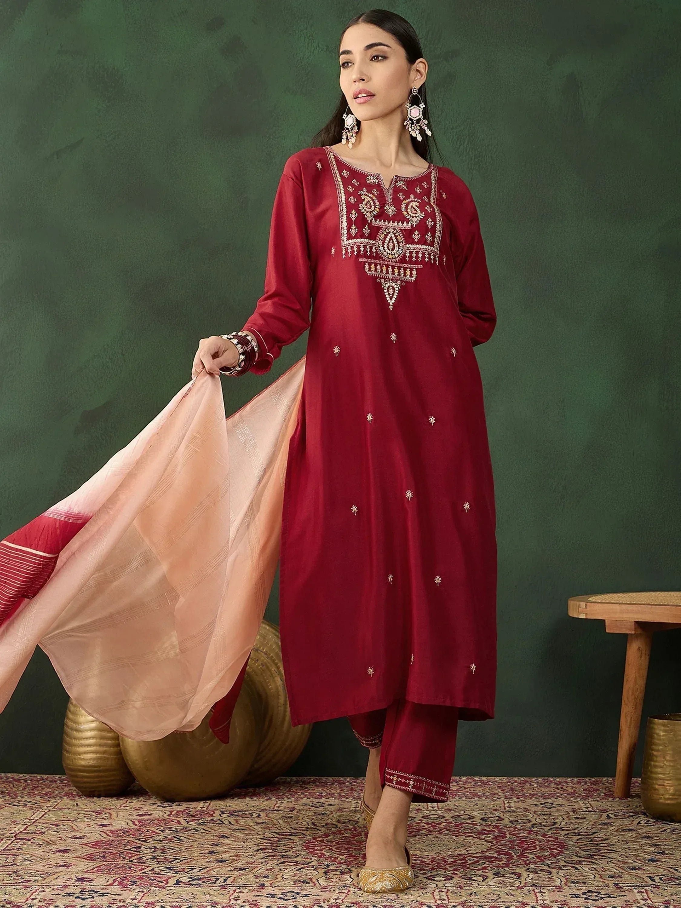 Maroon embroidered salwar kameez with dupatta, Indian ethnic wear for women